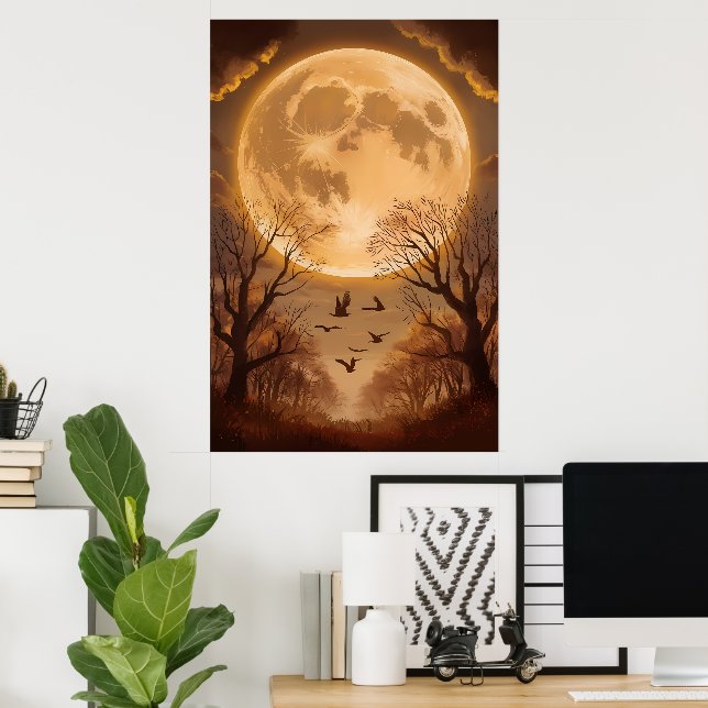 Harvest Måne och Autumn Silhouettes Poster (Hemmakontoret)