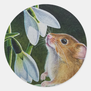 Harvest Mouse Smelling Snowdrops Watercolor Art Runt Klistermärke