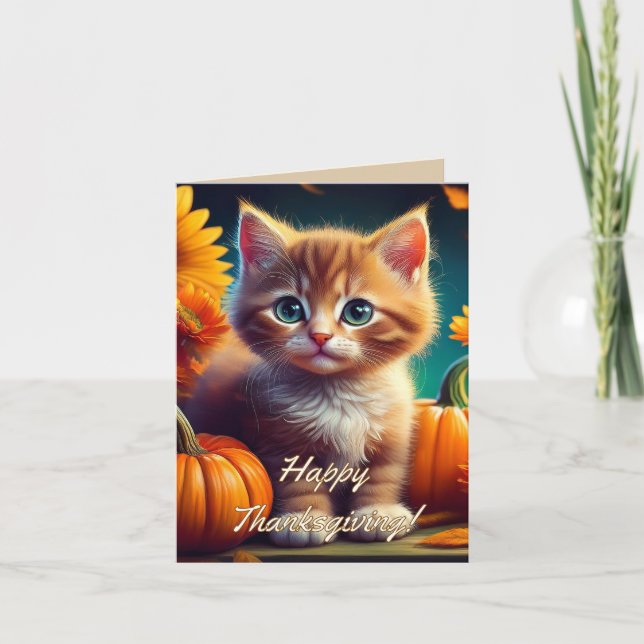 Harvest Thanksgiving Cute Ginger Kitten Pumpkin Tack Kort (Framsida)