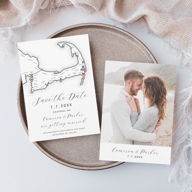 Harwich MORSA Cape Cod Karta Black and White Bröll Spara Datumet (Chatham MA Cape Cod Map Save the Date with Photo in Elegant Modern Black and White )