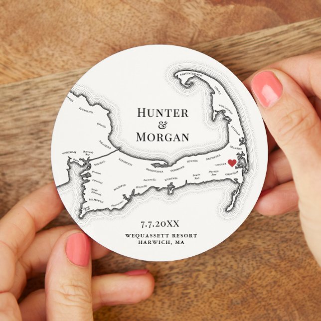 Harwich MORSA Wequassett Resort Cape Cod Bröllop Underlägg Papper Rund (Harwich MA Wedding Favor Cocktail Hour Coasters for a Wequassett Resort in Elegant Black and White)