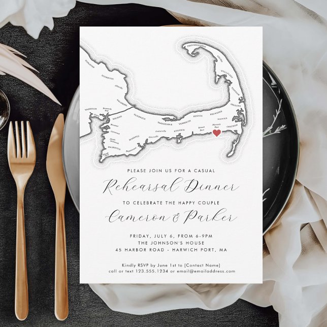 Harwich Port MORSA Avslappnad Bröllop Rehearsal Di Inbjudningar (Harwich Port MA Casual Wedding Rehearsal Dinner Invitation with Black and White Cape Cod Map)