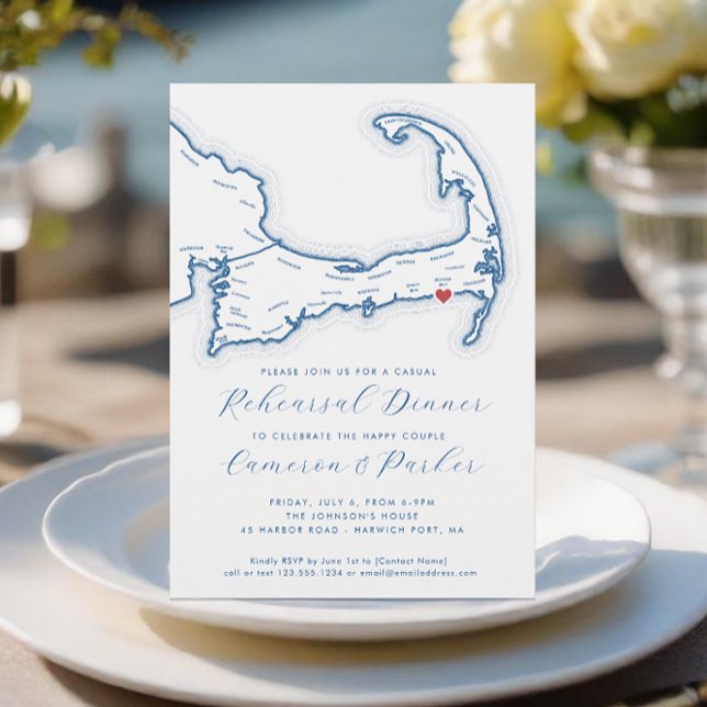 Harwich Port MORSA Avslappnad Bröllop Rehearsal Di Inbjudningar (Harwich Port MA Casual Cape Cod Wedding Rehearsal Dinner Invitation in Blue - Coastal Map Designs)
