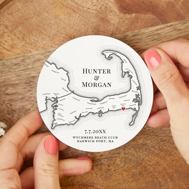 Harwich Port MORSA Wychmere Beach Klubb Bröllop Underlägg Papper Rund (Custom Wedding Drink Coaster with a Harwich Port Cape Cod Map for a wedding at Wychmere Beach Club)