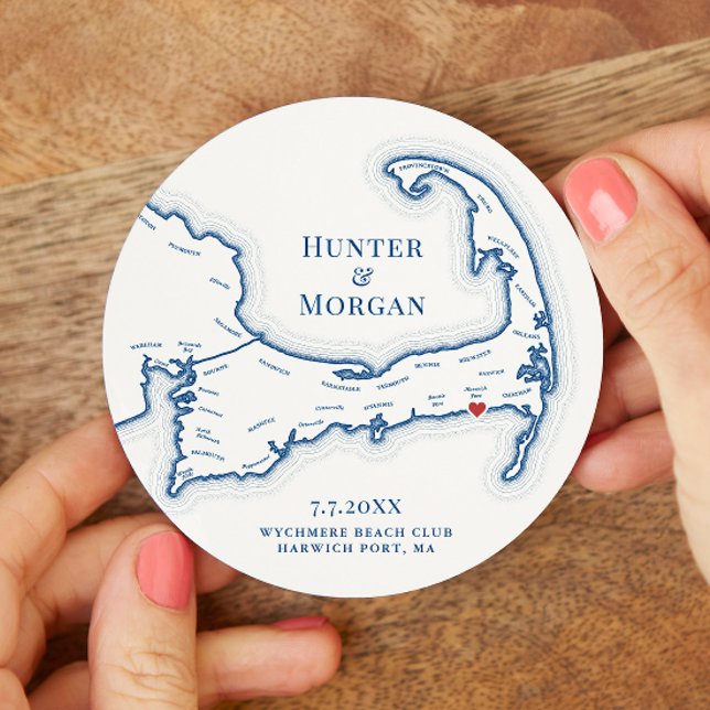 Harwich Port MORSA Wychmere Beach Klubb Bröllop Underlägg Papper Rund (Wychmere Beach Club Wedding Drink Coaster with Elegant Navy Blue Map from Coastal Map Designs)