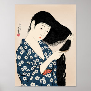 Hashiguchi Goyo - kvinna i blått som kammar henne Poster
