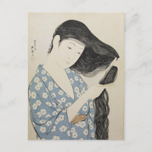 Hashiguchi Goyo - kvinna i blått som kammar henne Vykort