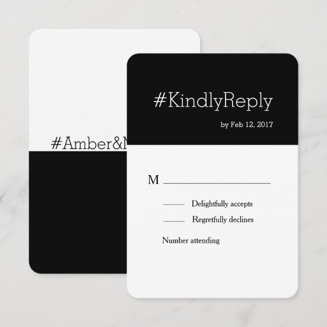 Hashtag modern svart vit chic bröllop rsvp inbjudningar (Fram/baksida)