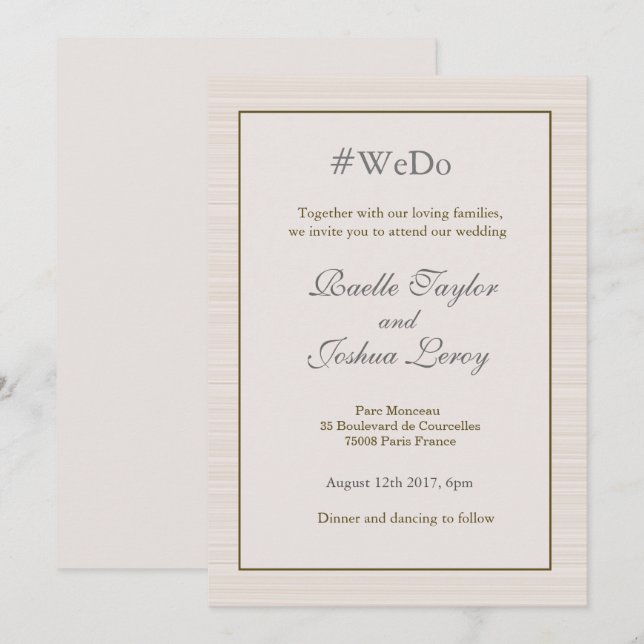 Hashtag personlig guld grått rand bröllop inbjudningar (Fram/baksida)