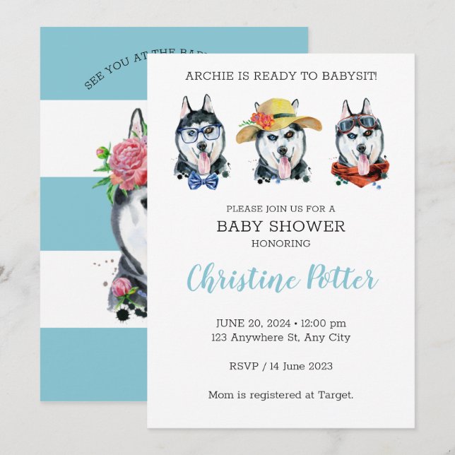 Haski Cute Puppy Theme Baby Shower-inbjudan Inbjudningar (Fram/baksida)