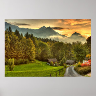 Hasliberg Schweitz solnedgång och schweizareberg Poster