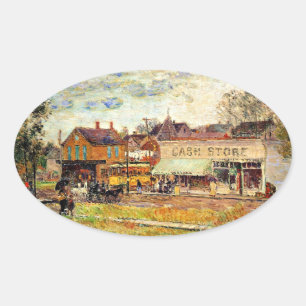 Hassam - Trolleybanans slut, Oak Park, IL Ovalt Klistermärke