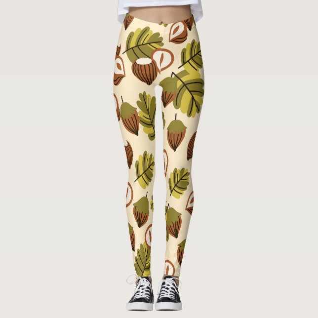 Hasselnut Löv i sjölösa Mönster Leggings (Framsida)
