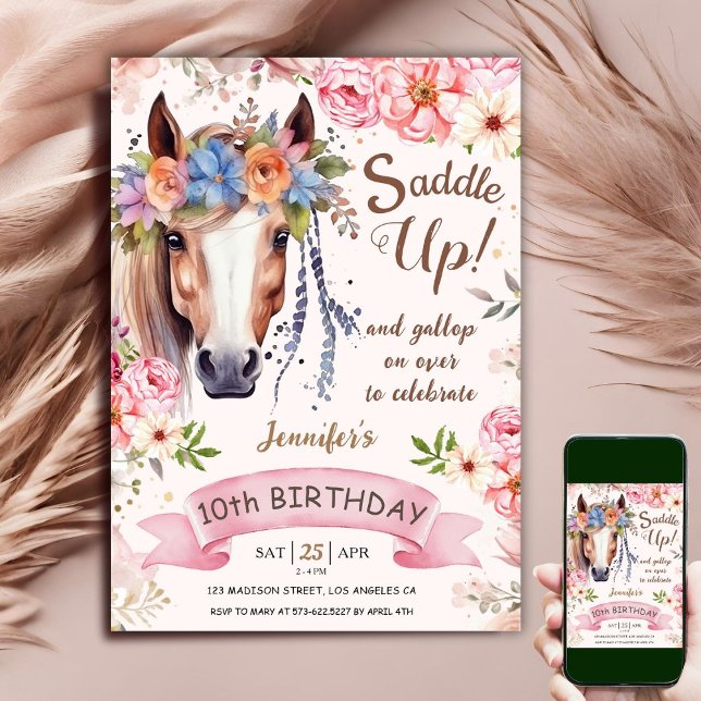 Häst 10:e födelsedagstidningen Girl Boho Flowers S Inbjudningar (Skapare uppladdad)
