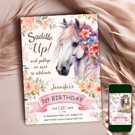 Häst 1:a födelsedag Rosa Blommor Saddle upp! Inbjudningar