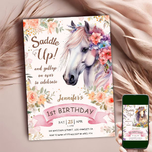 Häst 1:a födelsedag Rosa Blommor Saddle upp! Inbjudningar