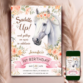 Häst 1:a födelsedag Rosa Blommor Saddle upp! Inbjudningar