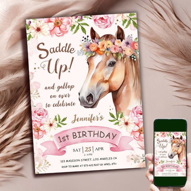 Häst 1:a födelsedagen CowGirl Rosa Blommigt Saddle Inbjudningar (Skapare uppladdad)