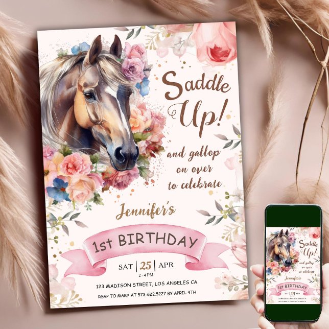 Häst 1:a födelsedagen CowGirl Rosa Saddle up! Inbjudningar (Skapare uppladdad)