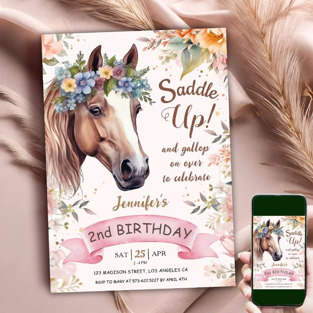 Häst 2:a födelsedagen CowGirl Blommigt Saddle up Inbjudningar (Skapare uppladdad)