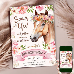 Häst 5:e födelsedagen Rosa ros Blommor Saddle up Inbjudningar
