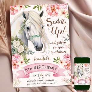 Häst, 6e Birthday Girl Rosa Flowers Saddle Up Inbjudningar