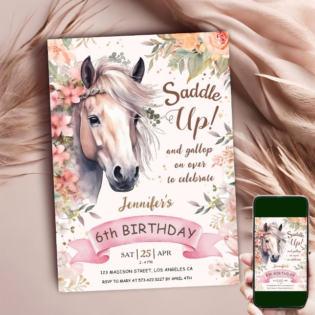 Häst 6e Birthday Girl Vild Blommigt Saddle up Inbjudningar (Skapare uppladdad)