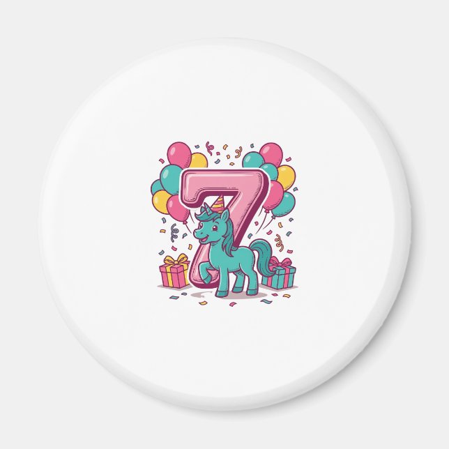 Häst 7-års födelsedagsfest Söt ponny vektor design Magnet (Framsidan)