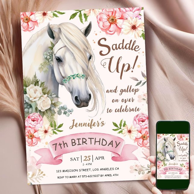 Häst, 7:e Birthday Girl Rosa Flowers Saddle Up Inbjudningar (Skapare uppladdad)