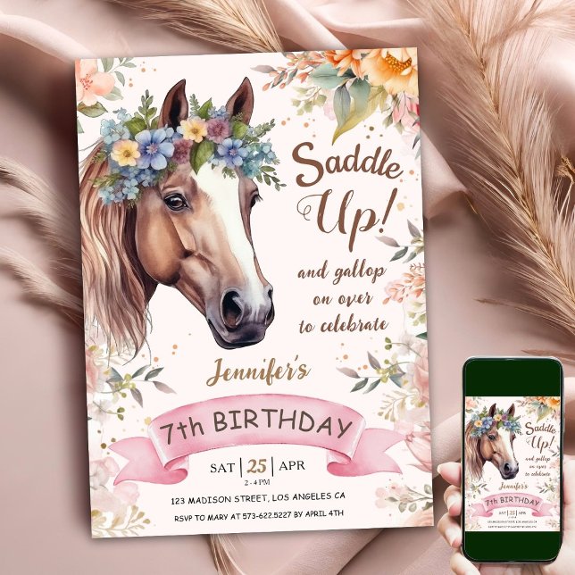 Häst 7:e födelsedag CowGirl Blommigt Saddle up Inbjudningar (Skapare uppladdad)