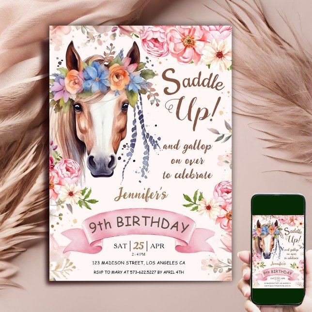 Häst 9:e födelsedagen Boho Rosa Flowers Saddle Up Inbjudningar (Skapare uppladdad)