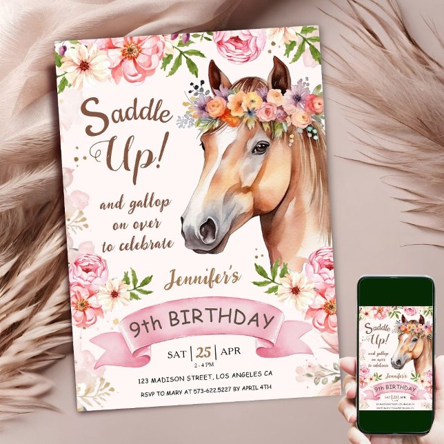 Häst 9:e födelsedagen Rosa ros Blommor Saddle uppå Inbjudningar (Skapare uppladdad)