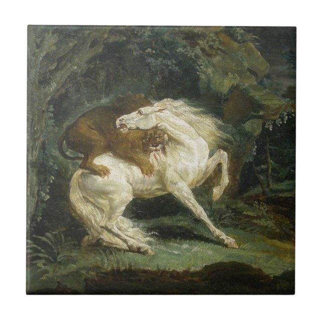 Häst angripen av en Lejon (av Théodore Géricault) Kakelplatta (Framsidan)