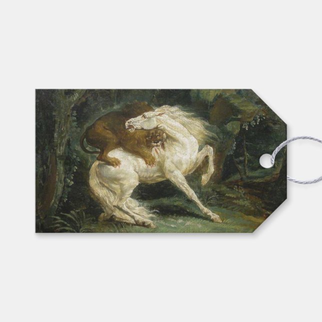 Häst angripen av en Lejon (av Théodore Géricault) Presentetikett (Framsidan (Horisontell))