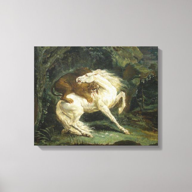 Häst angripen av ett lejon (av Théodore Géricault) Canvastryck (Framsida)