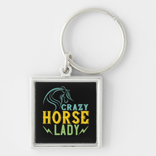 Häst - Crazy Horse Lady Fyrkantig Silverfärgad Nyckelring (Framsidan)