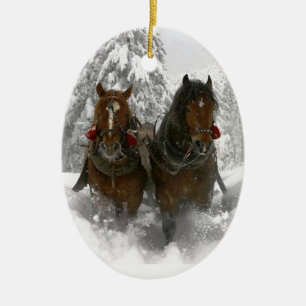 häst dragen sleighjul julgransprydnad keramik