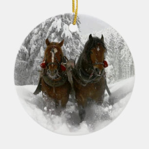 häst dragen sleighjul julgransprydnad keramik