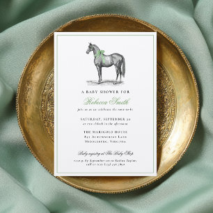 Häst Equine Grön Elegant Vintage Baby Shower Inbjudningar