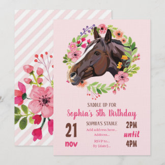 Häst Födelsedagsfest Cowgirl Rosa Blommig Födelsed Inbjudningar