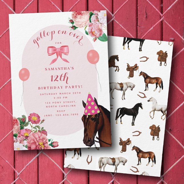 Häst Födelsedagstema Rosa Blommig Flicka Cowgirl Inbjudningar (Horse Birthday Theme Pink Floral Girl Cowgirl Invitation)