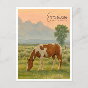 Häst & Grand Tetons   Jackson WY Akvarell Helg Vykort