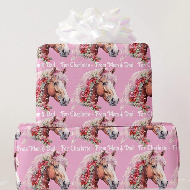 Häst i julband Lägg till flicknamn Rosa Presentpapper (Skapare uppladdad)