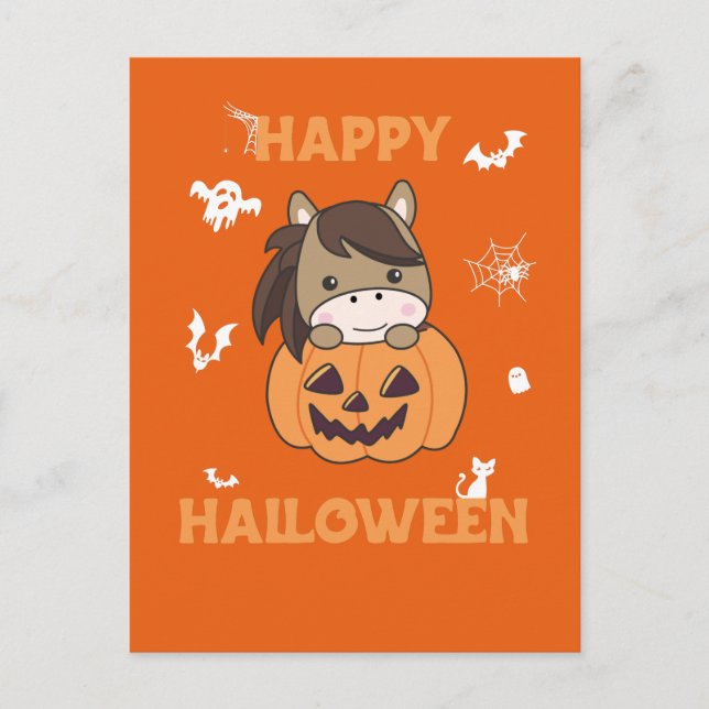 Häst i pumpa söta hästar Glad Halloween Helg Vykort (Framsida)