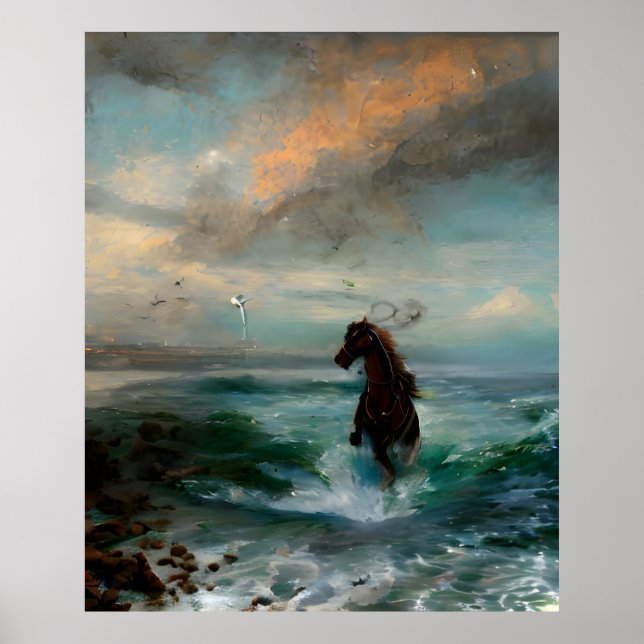 Häst löst i havet Impressionism Poster (Framsidan)