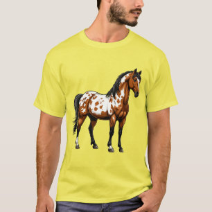 Häst med färgglad man och svans står i grön fält t shirt