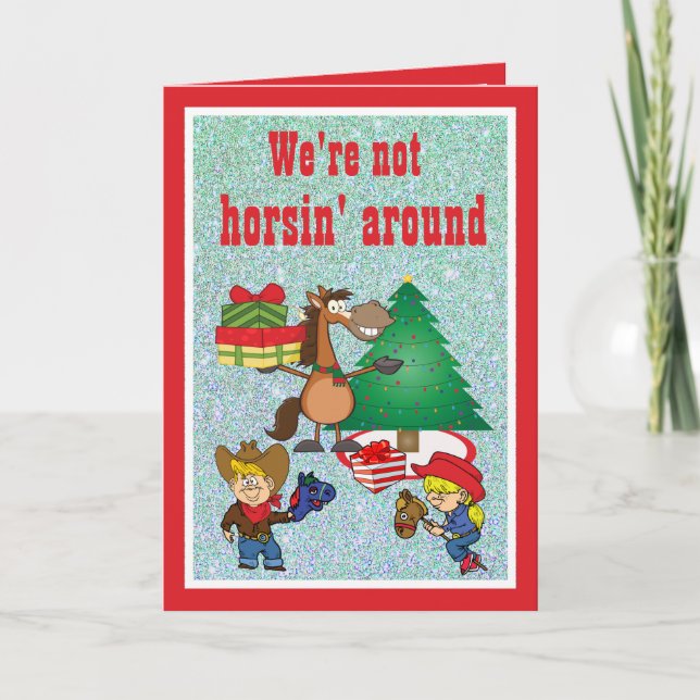 Häst med gåvor och stick- och hästbarn helgkort (Framsida)