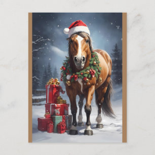Häst med julhatt och julklappar vykort