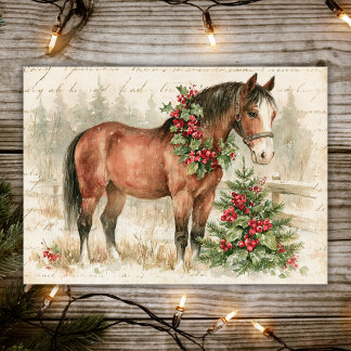 Häst med julkrans och julgran vintage helgkort