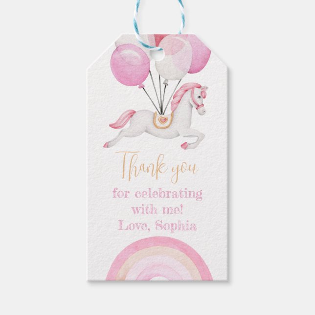 Häst med Rosa Balloons and Rainbow Tack Presentetikett (Framsidan)
